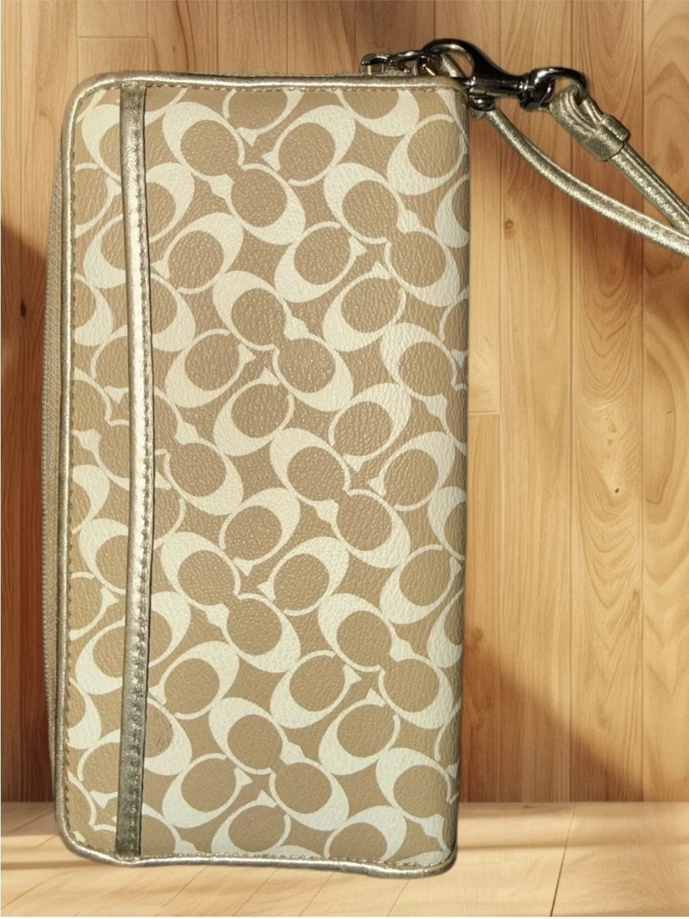Coach Metallic Signature Beige Wristlet Wallet
